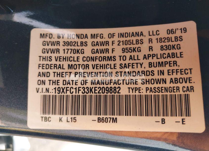 Photo 9 of 2019 Honda Civic EX (VIN 19XFC1F33KE209882)