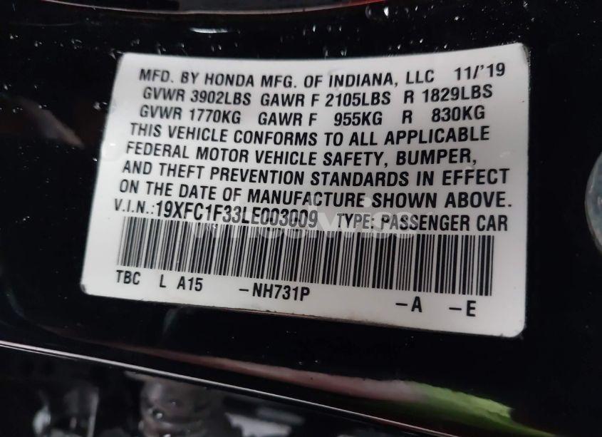 Photo 9 of 2020 Honda Civic EX (VIN 19XFC1F33LE003009)