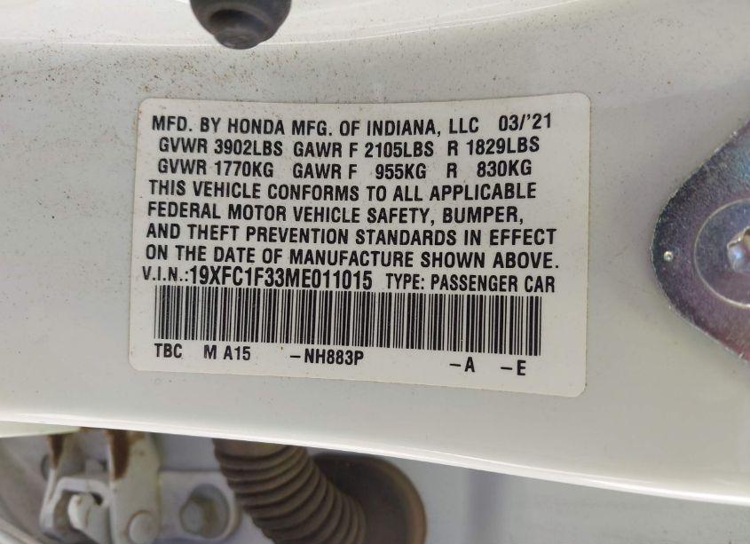 Photo 9 of 2021 Honda Civic EX (VIN 19XFC1F33ME011015)