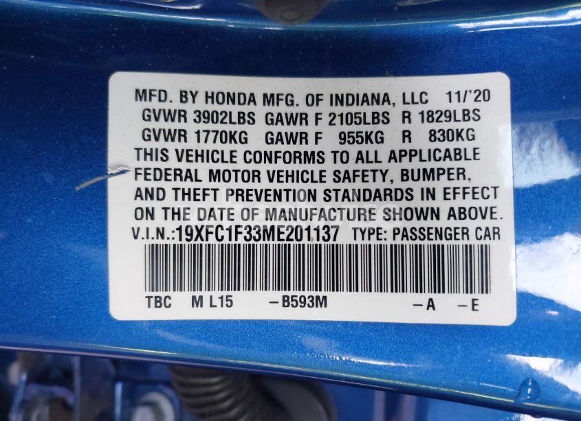 Photo 9 of 2021 Honda Civic EX (VIN 19XFC1F33ME201137)