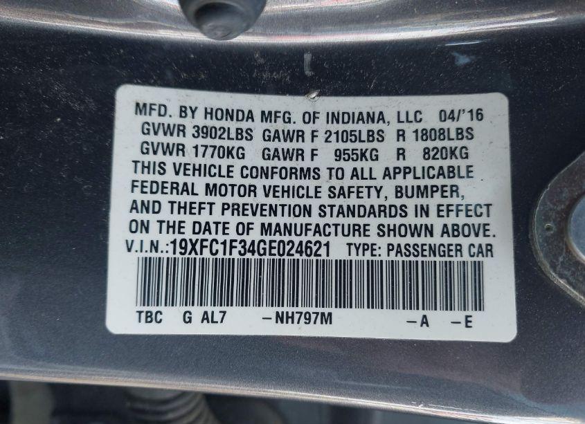 Photo 9 of 2016 Honda Civic EX-T (VIN 19XFC1F34GE024621)
