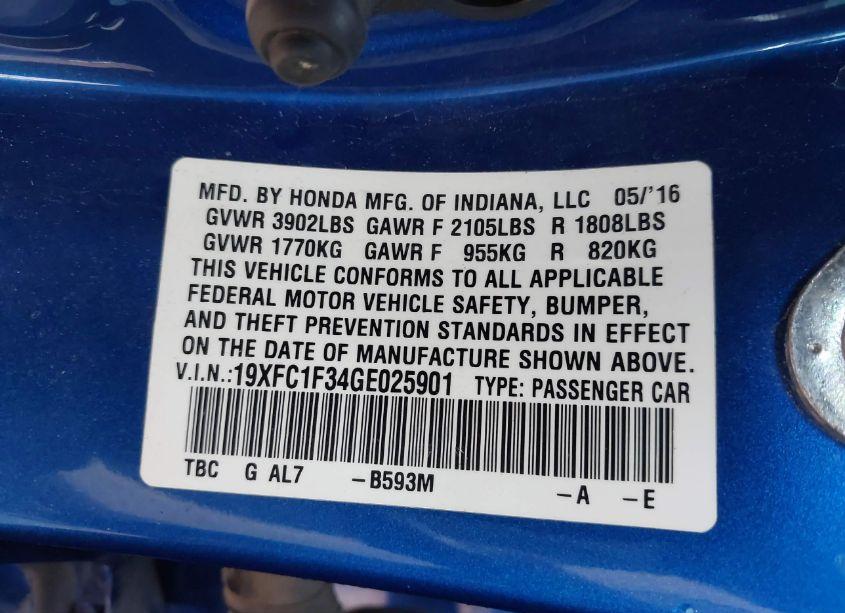 Photo 9 of 2016 Honda Civic EX-T (VIN 19XFC1F34GE025901)