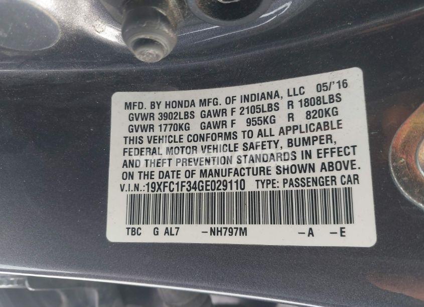 Photo 9 of 2016 Honda Civic EX-T (VIN 19XFC1F34GE029110)
