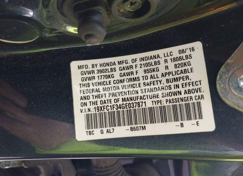Photo 9 of 2016 Honda Civic EX-T (VIN 19XFC1F34GE037871)