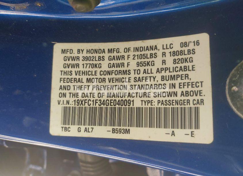 Photo 9 of 2016 Honda Civic EX-T (VIN 19XFC1F34GE040091)