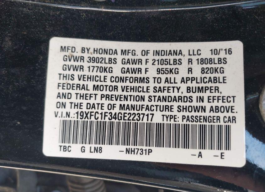 Photo 9 of 2016 Honda Civic EX-T (VIN 19XFC1F34GE223717)