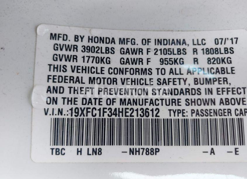 Photo 9 of 2017 Honda Civic EX-T (VIN 19XFC1F34HE213612)