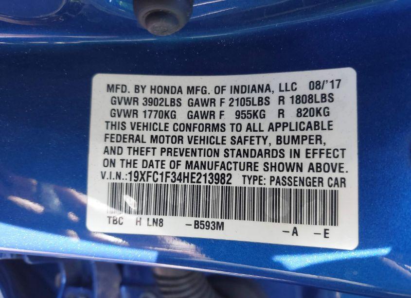 Photo 9 of 2017 Honda Civic EX-T (VIN 19XFC1F34HE213982)