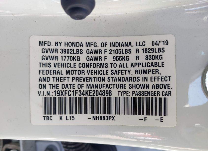 Photo 9 of 2019 Honda Civic EX (VIN 19XFC1F34KE204898)