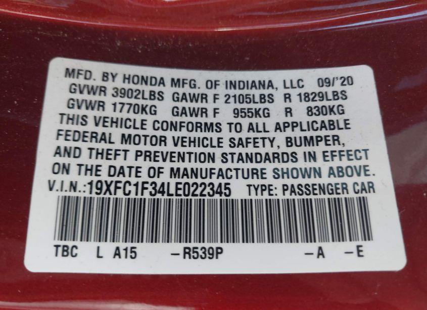 Photo 9 of 2020 Honda Civic EX (VIN 19XFC1F34LE022345)