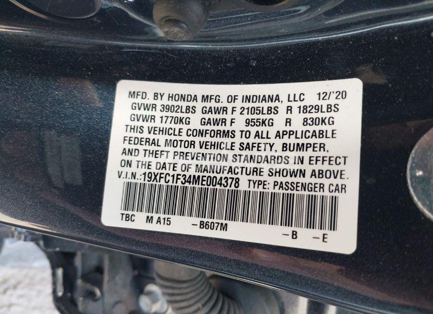 Photo 9 of 2021 Honda Civic EX (VIN 19XFC1F34ME004378)