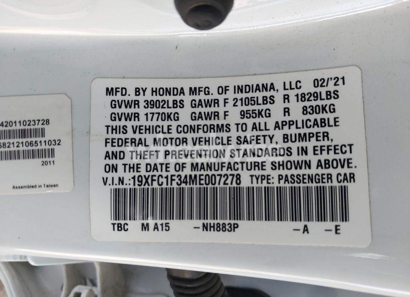 Photo 9 of 2021 Honda Civic EX (VIN 19XFC1F34ME007278)