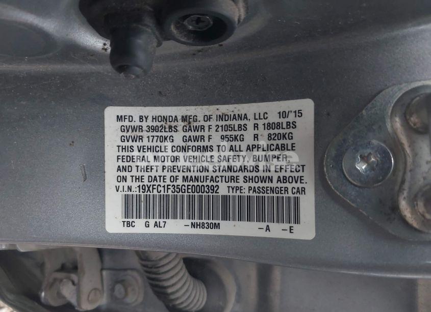 Photo 9 of 2016 Honda Civic EX-T (VIN 19XFC1F35GE000392)