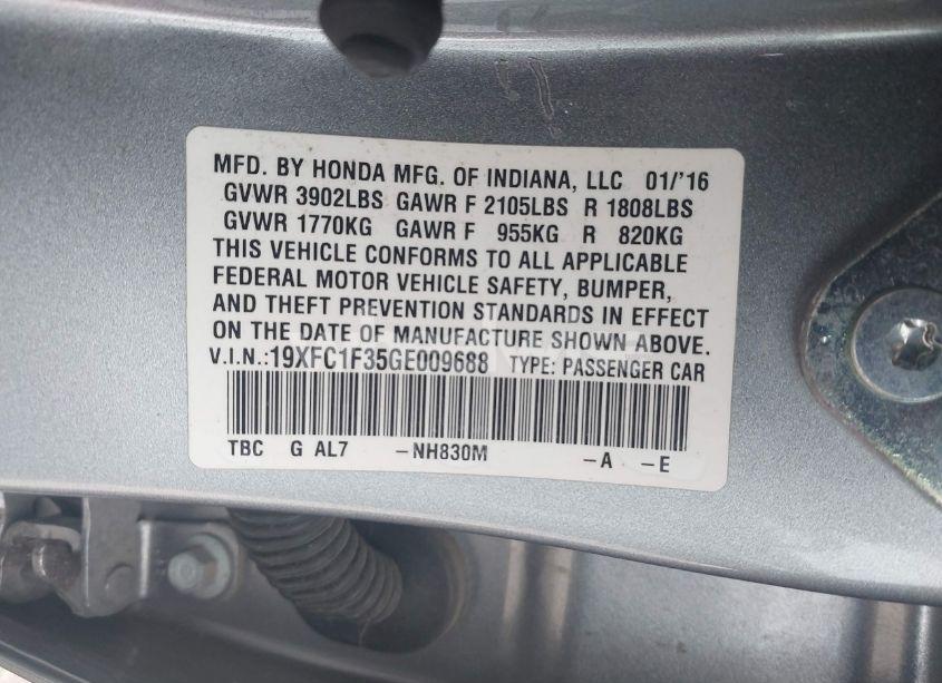 Photo 9 of 2016 Honda Civic EX-T (VIN 19XFC1F35GE009688)