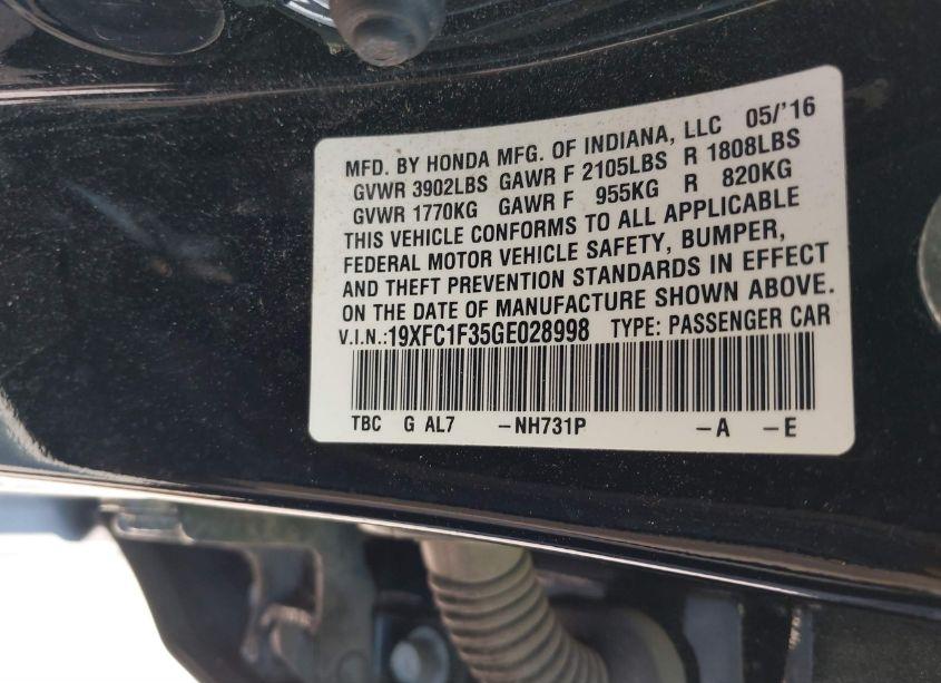 Photo 9 of 2016 Honda Civic EX-T (VIN 19XFC1F35GE028998)