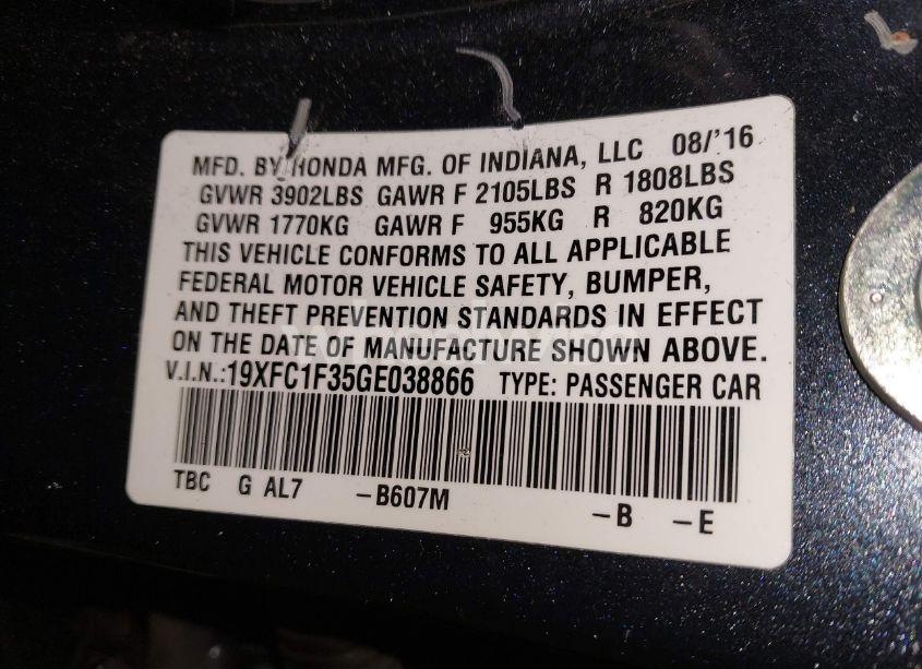 Photo 9 of 2016 Honda Civic EX-T (VIN 19XFC1F35GE038866)