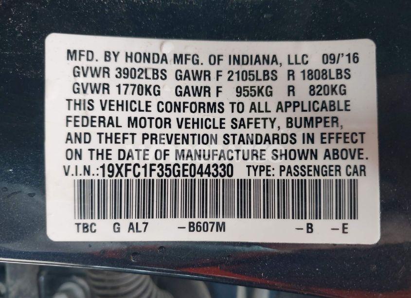 Photo 9 of 2016 Honda Civic EX-T (VIN 19XFC1F35GE044330)