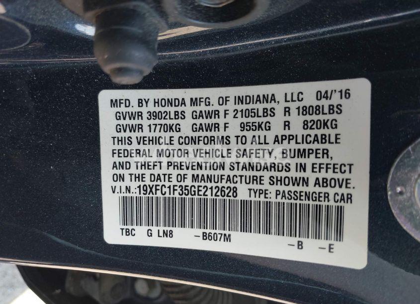 Photo 9 of 2016 Honda Civic EX-T (VIN 19XFC1F35GE212628)