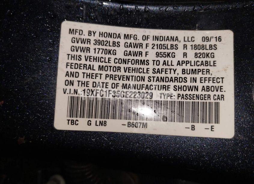 Photo 9 of 2016 Honda Civic EX-T (VIN 19XFC1F35GE223029)