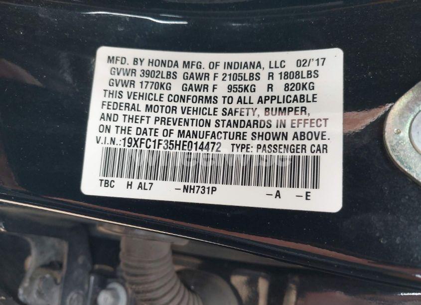 Photo 9 of 2017 Honda Civic EX-T (VIN 19XFC1F35HE014472)