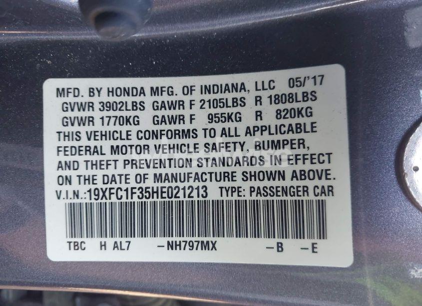 Photo 9 of 2017 Honda Civic EX-T (VIN 19XFC1F35HE021213)