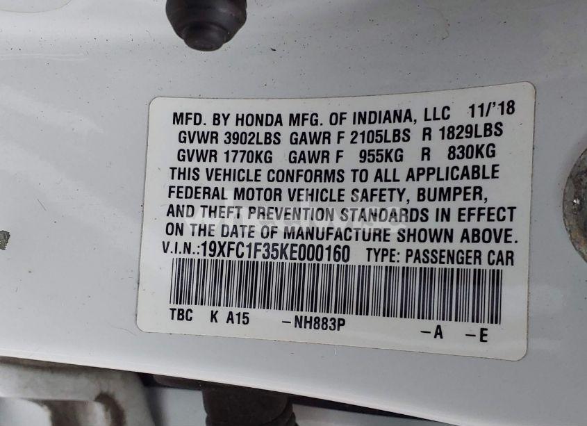 Photo 9 of 2019 Honda Civic EX (VIN 19XFC1F35KE000160)