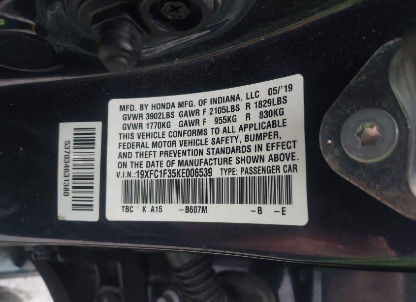 Photo 9 of 2019 Honda Civic EX (VIN 19XFC1F35KE006539)