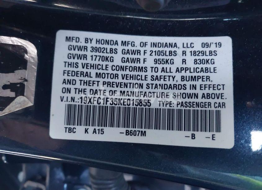 Photo 9 of 2019 Honda Civic EX (VIN 19XFC1F35KE015855)