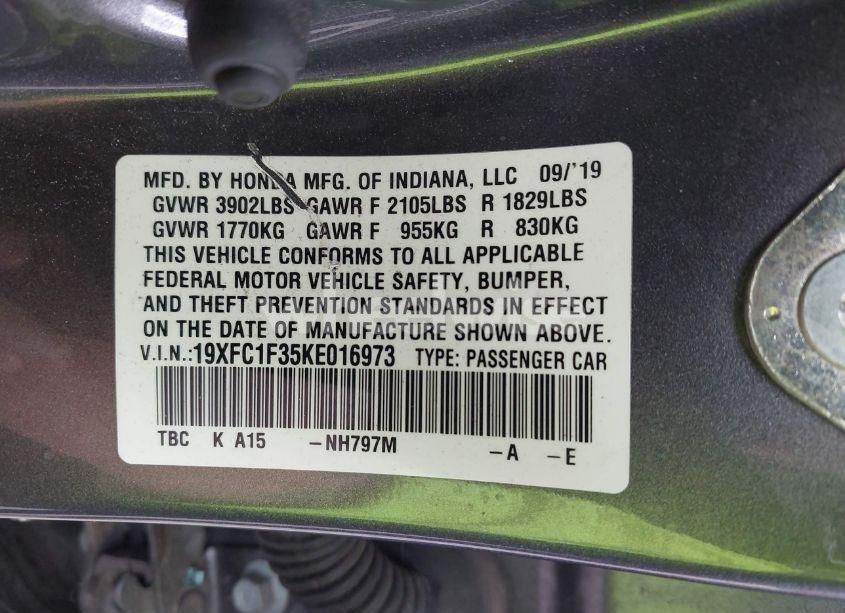 Photo 9 of 2019 Honda Civic EX (VIN 19XFC1F35KE016973)