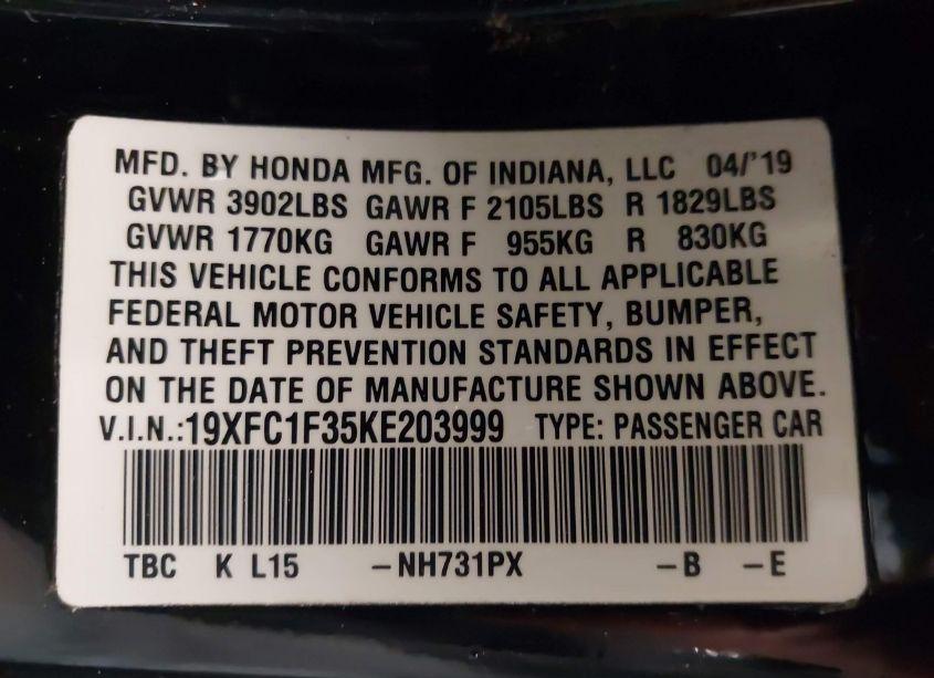 Photo 9 of 2019 Honda Civic EX (VIN 19XFC1F35KE203999)