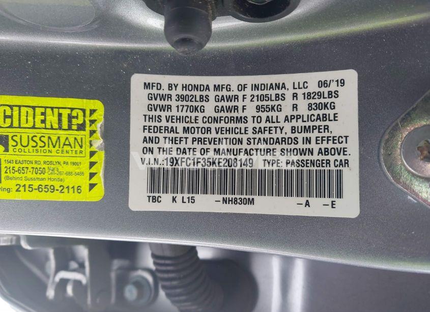 Photo 9 of 2019 Honda Civic EX (VIN 19XFC1F35KE208149)