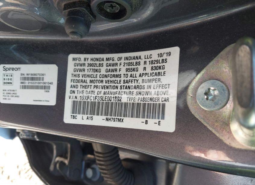 Photo 9 of 2020 Honda Civic EX (VIN 19XFC1F35LE001892)