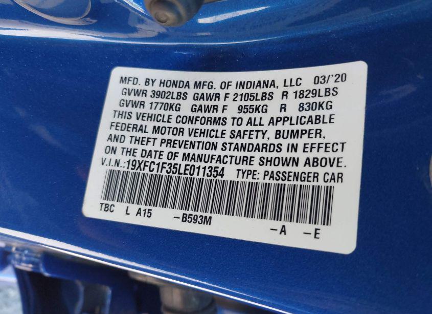 Photo 9 of 2020 Honda Civic EX (VIN 19XFC1F35LE011354)