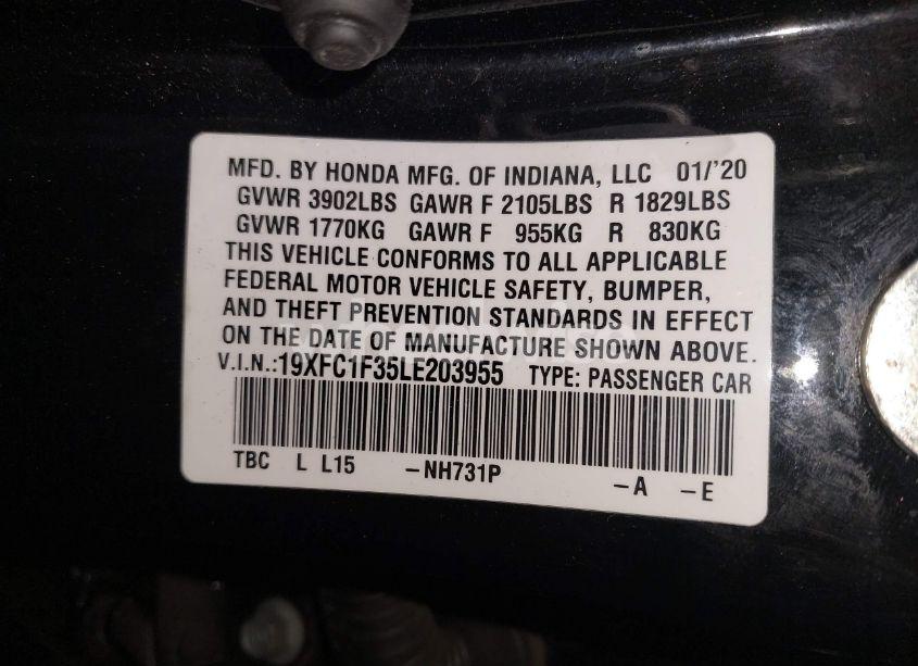 Photo 9 of 2020 Honda Civic EX (VIN 19XFC1F35LE203955)