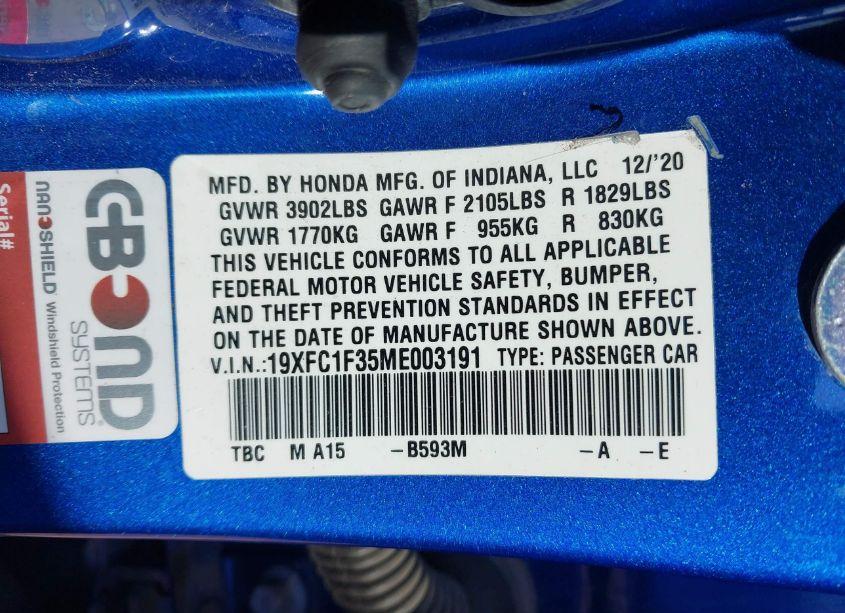 Photo 9 of 2021 Honda Civic EX (VIN 19XFC1F35ME003191)
