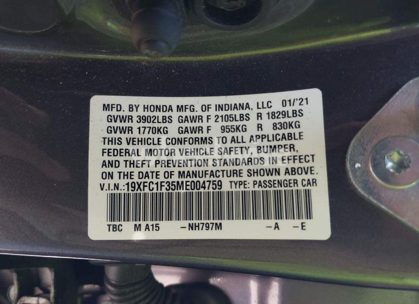 Photo 9 of 2021 Honda Civic EX (VIN 19XFC1F35ME004759)