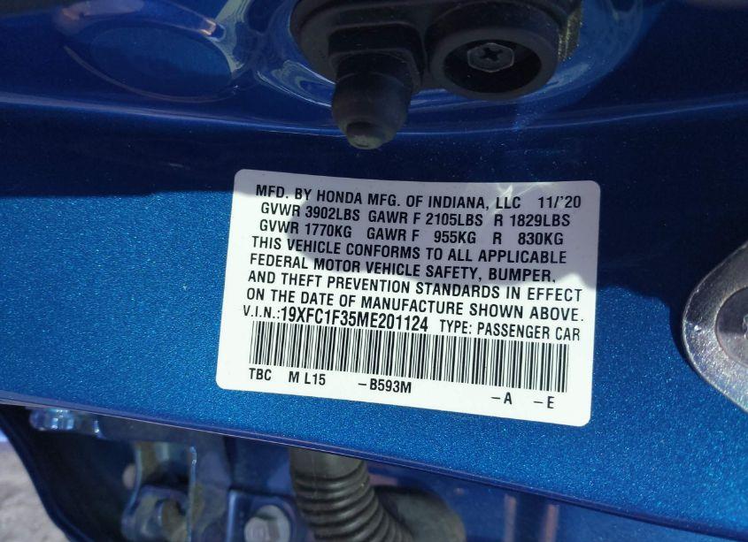 Photo 9 of 2021 Honda Civic EX (VIN 19XFC1F35ME201124)