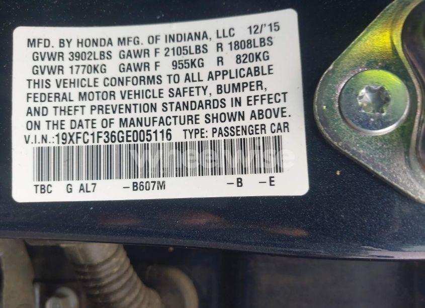 Photo 9 of 2016 Honda Civic EX-T (VIN 19XFC1F36GE005116)