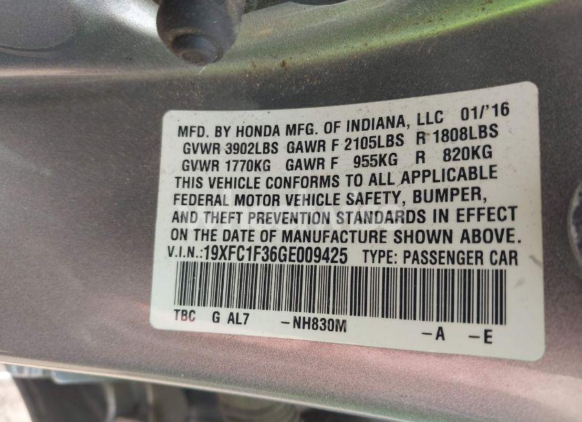 Photo 9 of 2016 Honda Civic EX-T (VIN 19XFC1F36GE009425)