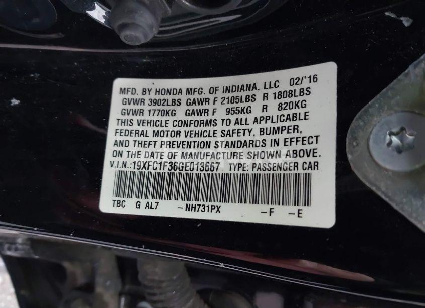 Photo 9 of 2016 Honda Civic EX-T (VIN 19XFC1F36GE013667)