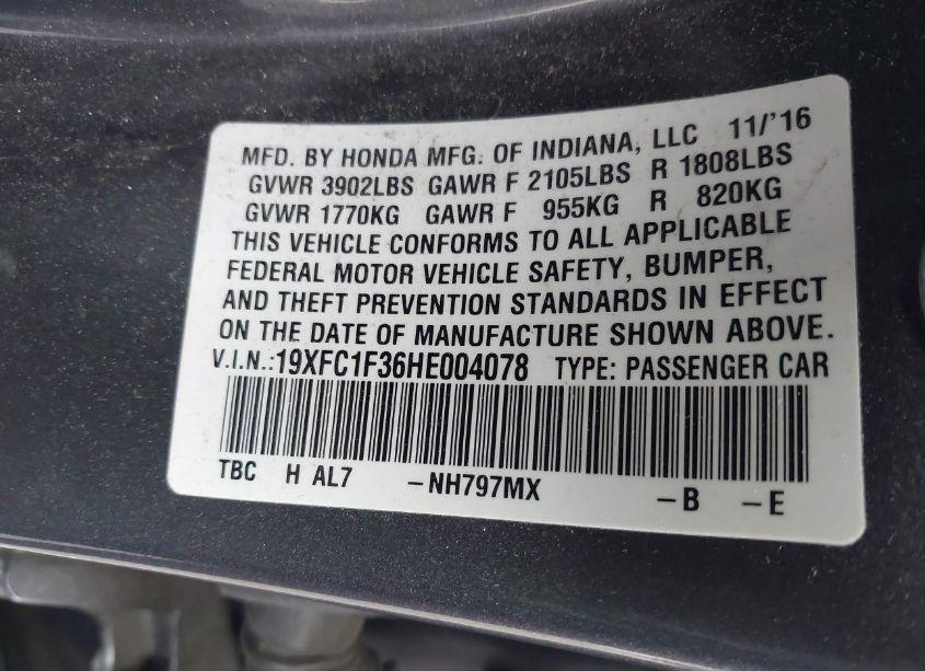 Photo 9 of 2017 Honda Civic EX-T (VIN 19XFC1F36HE004078)