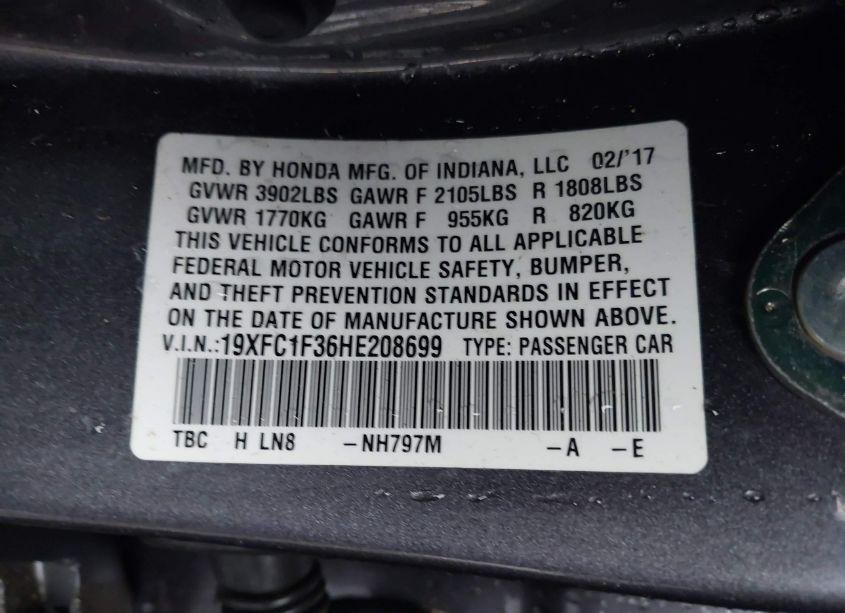 Photo 9 of 2017 Honda Civic EX-T (VIN 19XFC1F36HE208699)