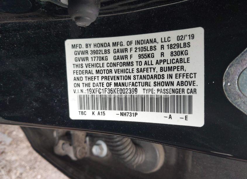 Photo 9 of 2019 Honda Civic EX (VIN 19XFC1F36KE002399)