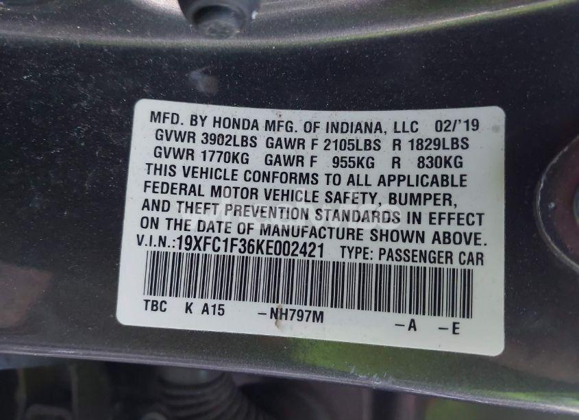 Photo 9 of 2019 Honda Civic EX (VIN 19XFC1F36KE002421)