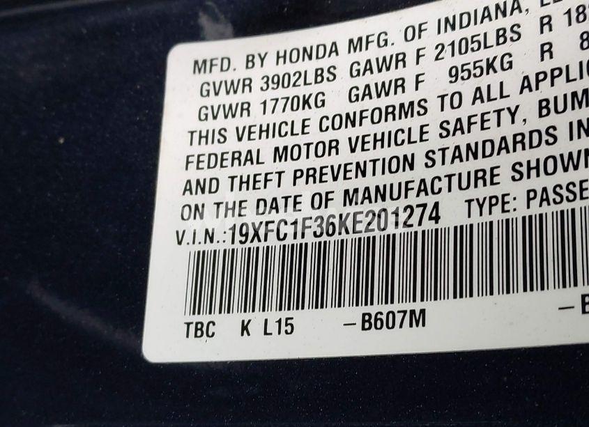 Photo 9 of 2019 Honda Civic EX (VIN 19XFC1F36KE201274)