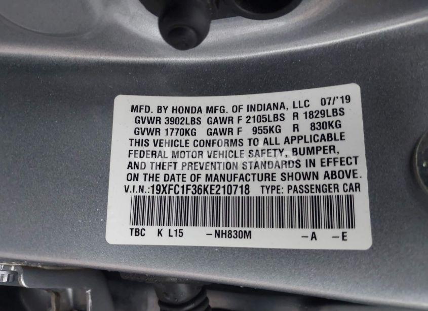 Photo 9 of 2019 Honda Civic EX (VIN 19XFC1F36KE210718)