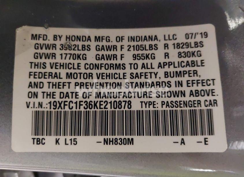 Photo 9 of 2019 Honda Civic EX (VIN 19XFC1F36KE210878)