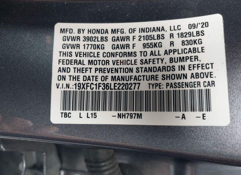 Photo 9 of 2020 Honda Civic EX (VIN 19XFC1F36LE220277)