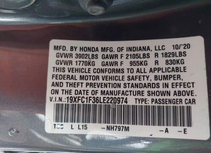 Photo 9 of 2020 Honda Civic EX (VIN 19XFC1F36LE220974)