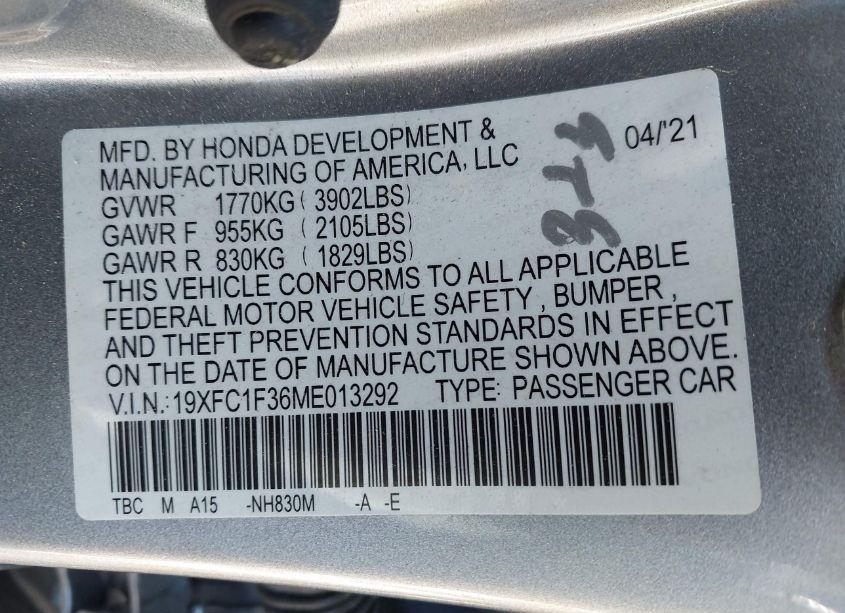 Photo 9 of 2021 Honda Civic EX (VIN 19XFC1F36ME013292)
